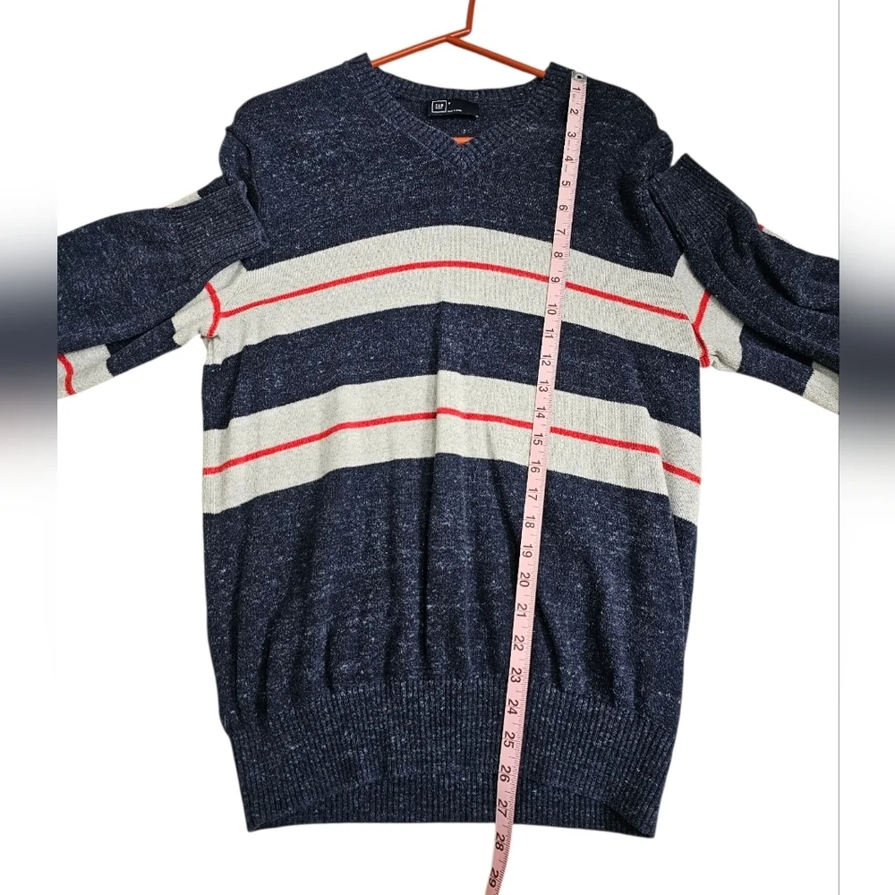 Gap Mens M V-Neck Sweater Navy Blue Marl Striped Cotton Blend Essential Boutique